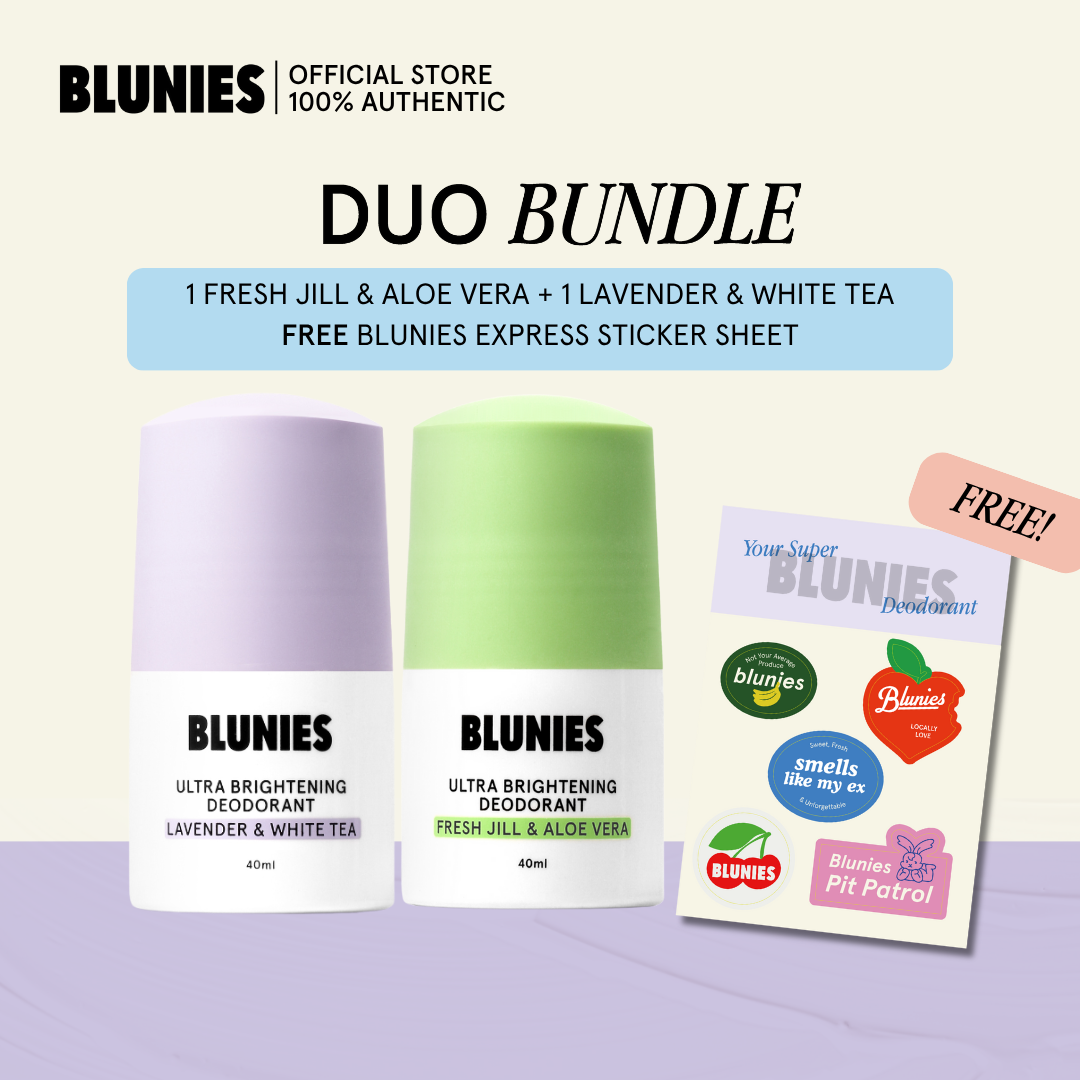 Blunies Ultra Brightening Deodorant Duo Bundle (1 x 40ml Fresh Jill & Aloe Vera + 1 x 40ml Lavender & White Tea, 1 Sticker Pack)