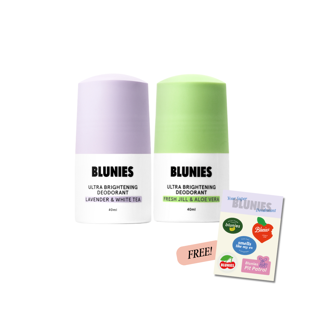 Blunies Ultra Brightening Deodorant Duo Bundle (1 x 40ml Fresh Jill & Aloe Vera + 1 x 40ml Lavender & White Tea, 1 Sticker Pack)